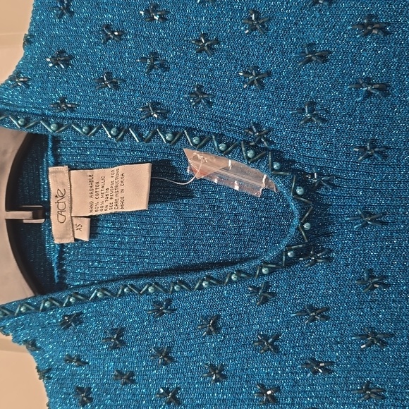 NWT AQUA BLUE BEADED CACHE SLEEVELESS SWEATER. XS - Picture 3 of 7